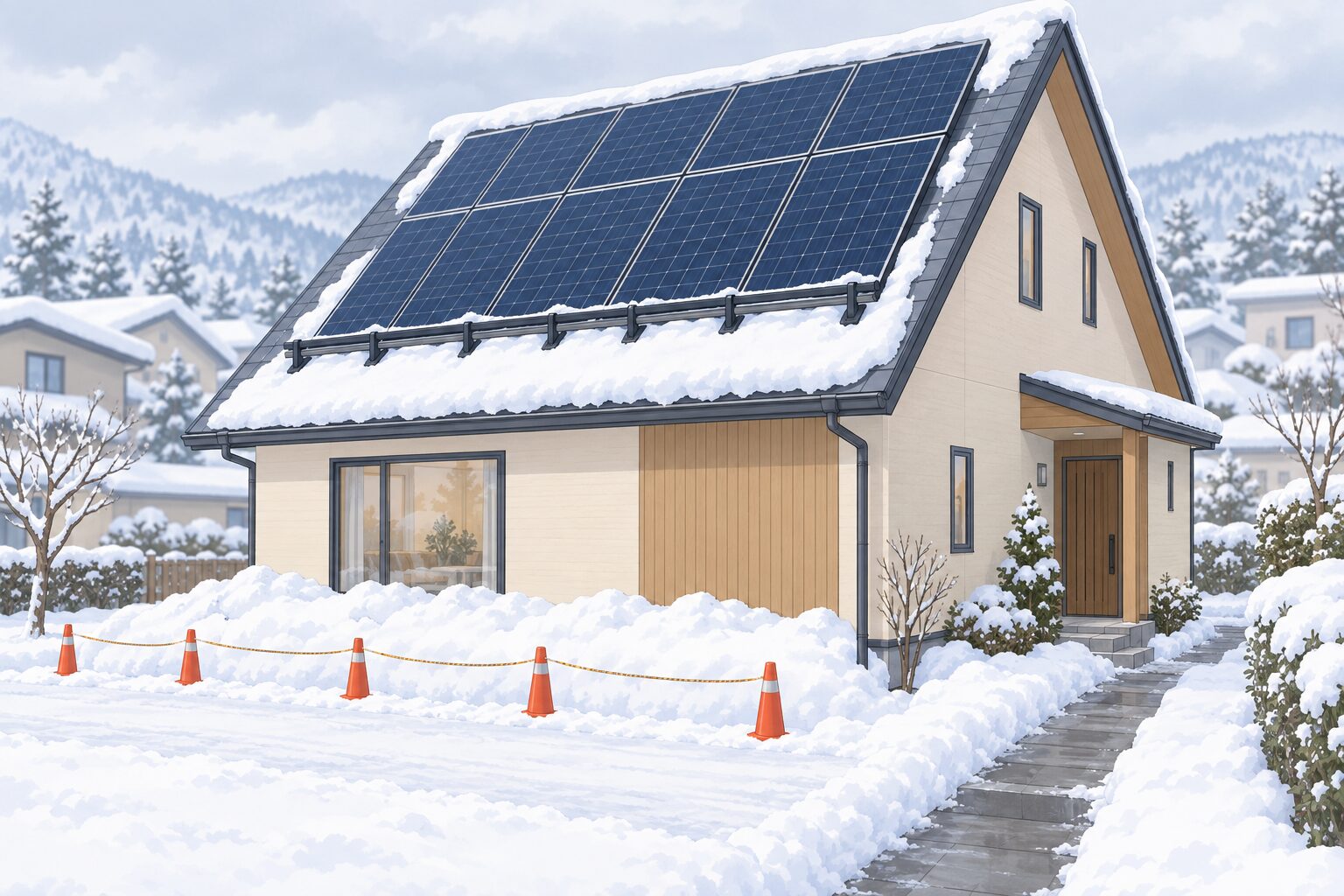 積雪した急傾斜屋根のパネルと落雪防止のロープ・コーンによる対策場面