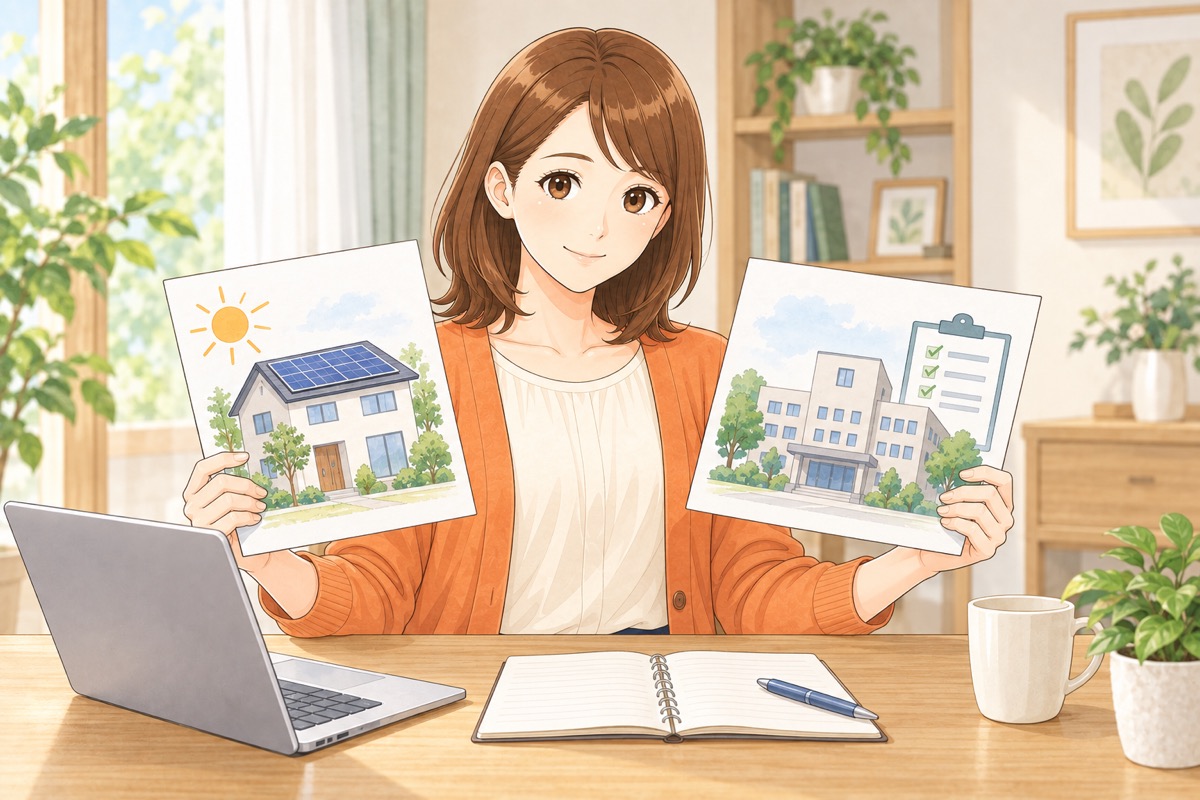 自宅の太陽光発電と市町村の補助制度を見比べる人物