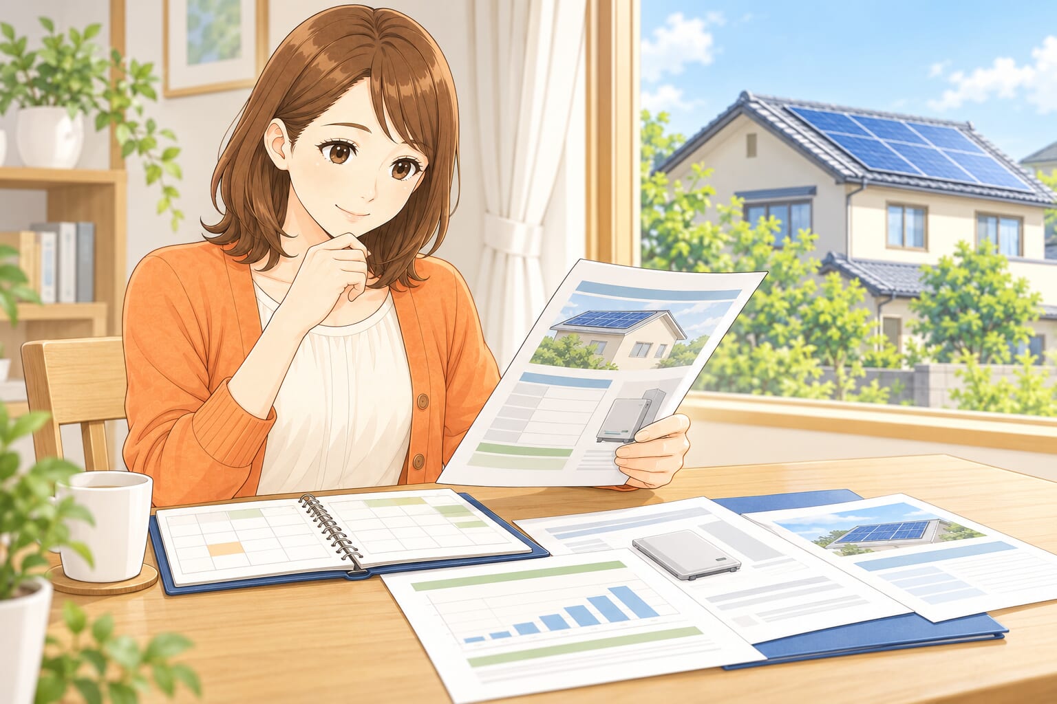 住宅用太陽光発電の点検予定と設備資料を室内で確認する人物