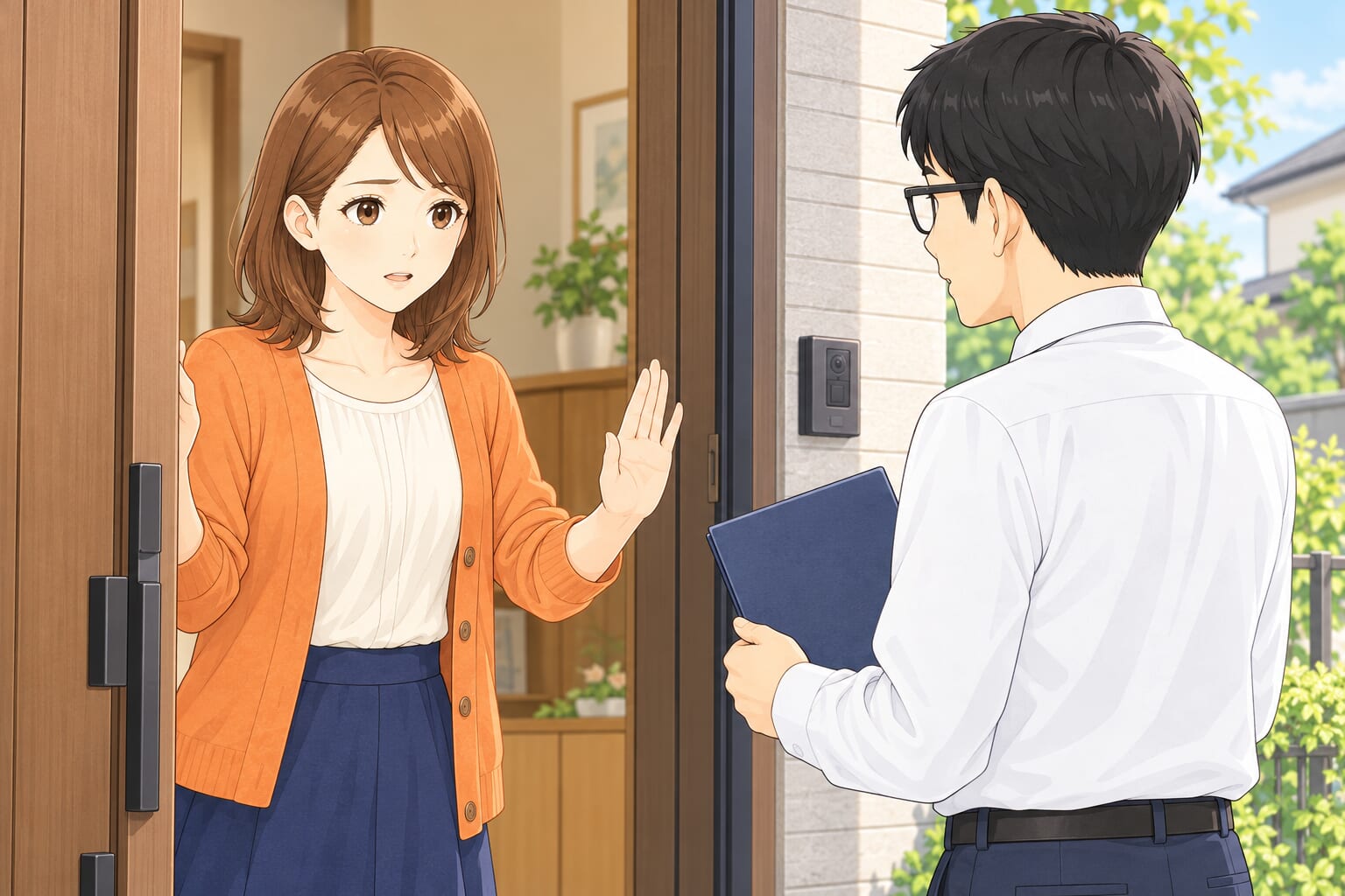 突然訪問してきた点検業者を落ち着いて断る場面