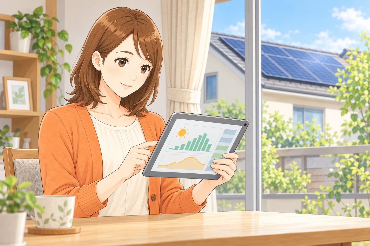 屋根に上がらず室内でタブレットの発電量モニターを確認する場面