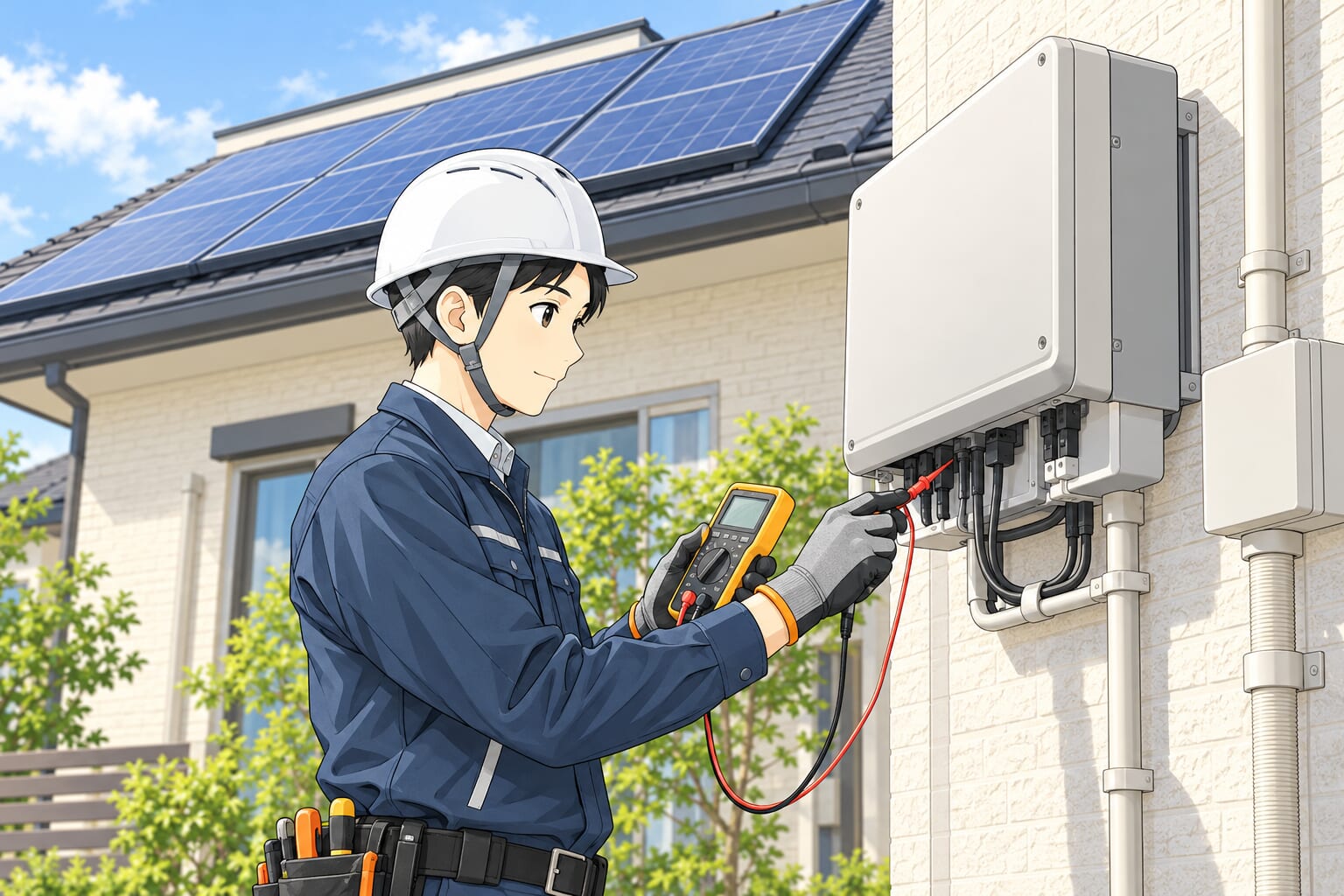 専門業者が地上で住宅用パワーコンディショナーを点検している場面